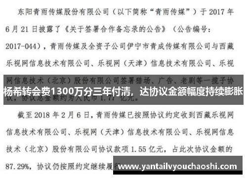 杨希转会费1300万分三年付清，达协议金额幅度持续膨胀